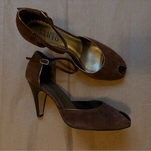 Franco Sarto Chocolate Brown Suede Peep-Toe Ankle Strap Heels